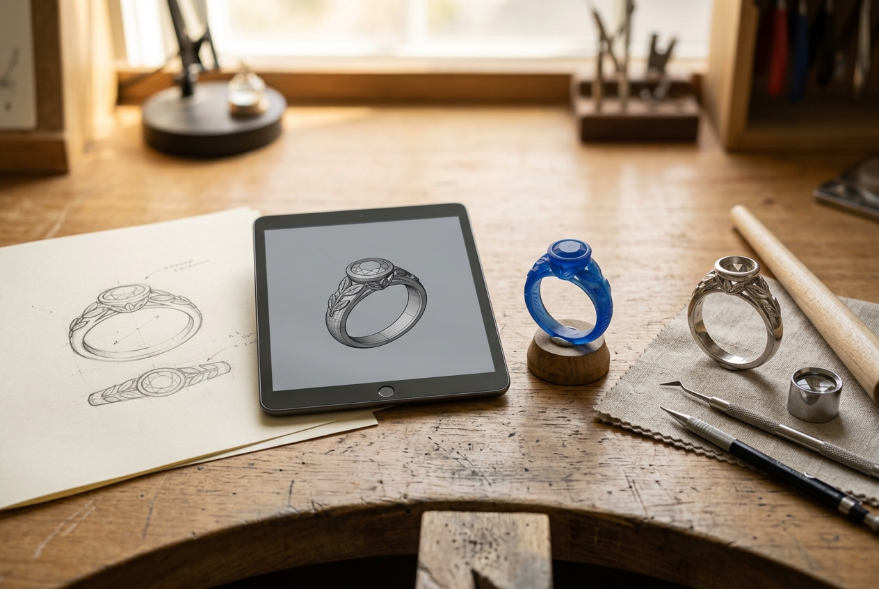Ring design process with sketches and jeweler tools